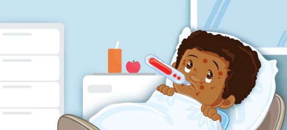 child with measles in bed